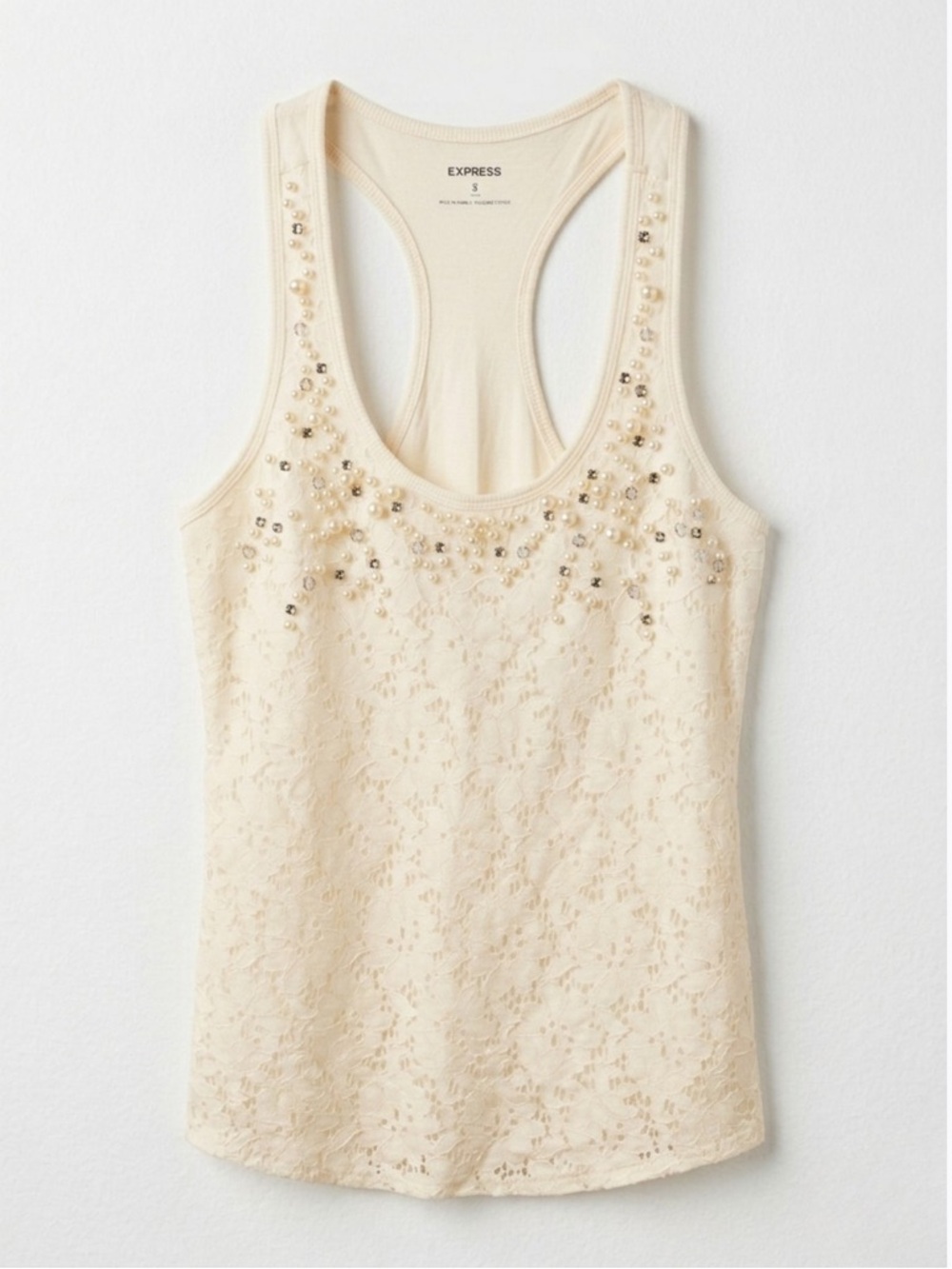 EXPRESS Ivory Lace Beaded Pearl Racerback Tank S